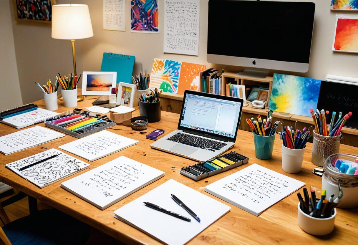 A bright and inviting workspace filled with colorful art supplies, open notebooks with handwritten notes, and a glowing computer screen displaying a cheerful submission interface. Soft, warm lighting enhances the creative atmosphere while a joyful person, smiling and engaged, is seen adding final touches to their work. The background features uplifting quotes about creativity and contribution. super-realistic. vibrant colors. warm lighting.