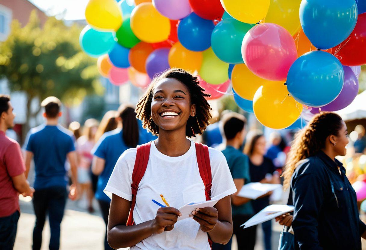 A serene scene depicting a person joyfully submitting their work at a vibrant community event, surrounded by colorful balloons and smiling faces. Soft sunlight bathes the moment, highlighting expressions of delight and camaraderie. Elements of creativity like paintbrushes and notebooks surround them, symbolizing contribution. A warm, inviting atmosphere captures the essence of joy in submission. bright colors, super-realistic.