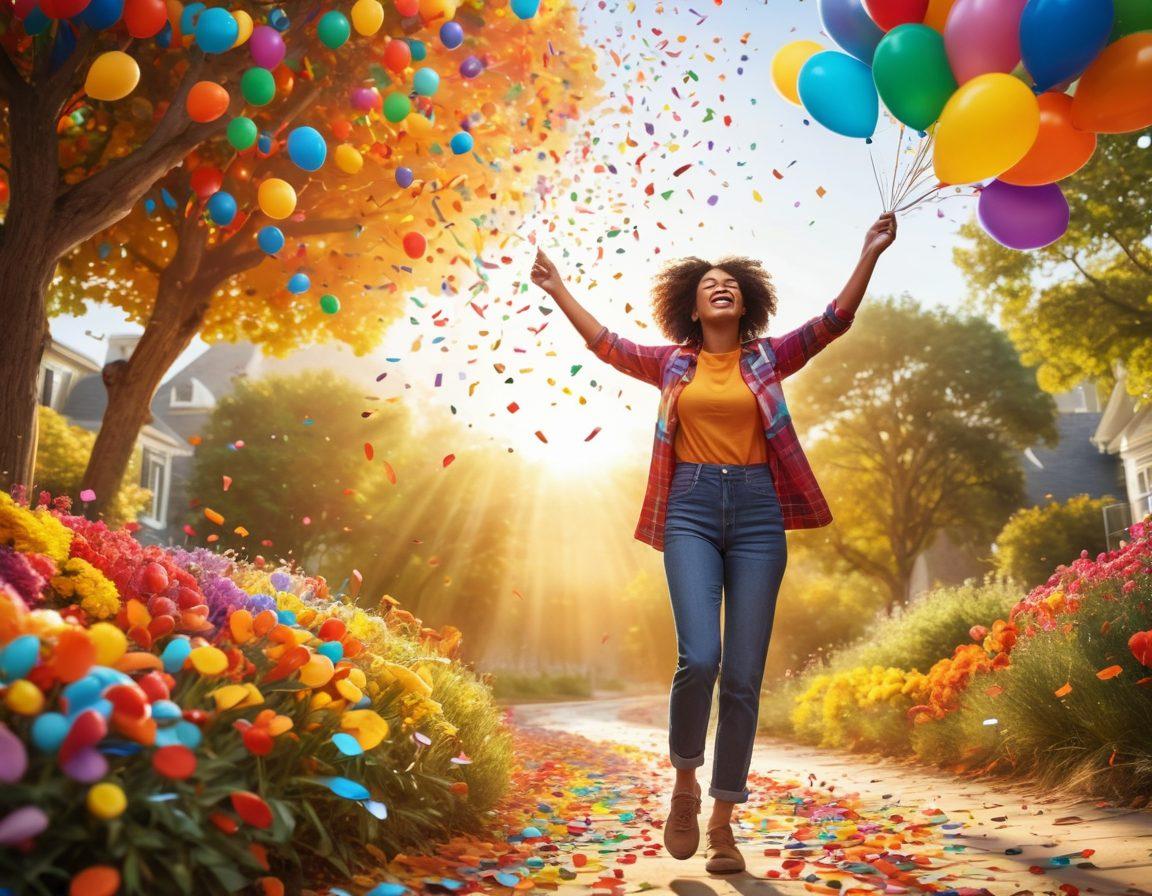 A whimsical scene depicting a person joyfully celebrating their achievements, surrounded by colorful confetti and balloons. In the background, a vibrant sun shines down on a winding path symbolizing the journey from hard work to success. Elements of creativity, like paintbrushes and musical notes, float in the air, emphasizing a cheerful atmosphere. The large title text, "From Submission to Satisfaction" is playfully integrated within the scene. bright colors. cartoon style.
